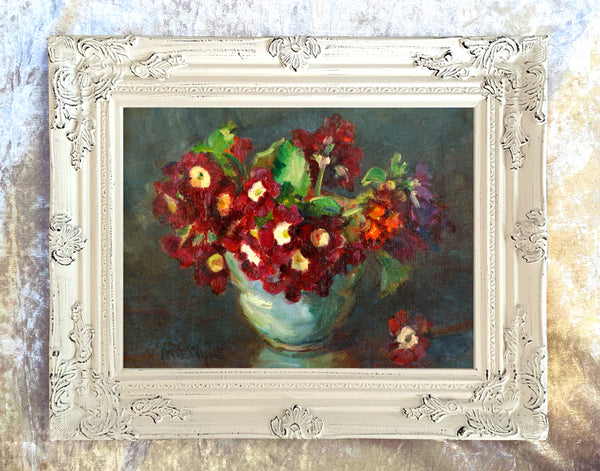 Exquisite Oleograph on Canvas Still Life of Auriculas in a Bowl
