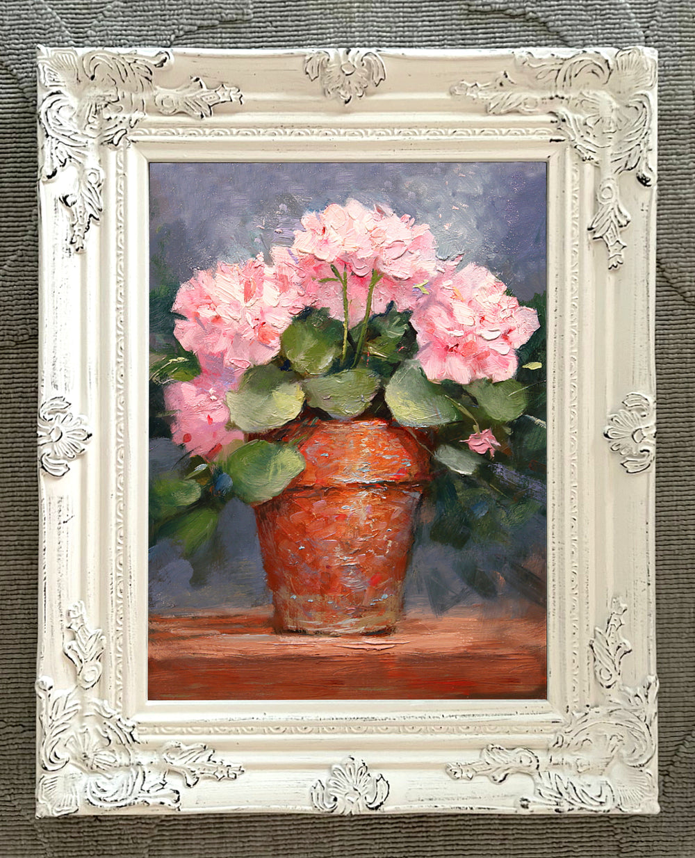 Exquisite Oleograph on Canvas Still Life of Pink Geraniums in a Pot