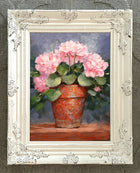 Exquisite Oleograph on Canvas Still Life of Pink Geraniums in a Pot