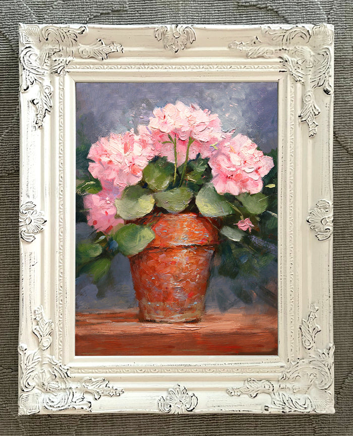 Exquisite Oleograph on Canvas Still Life of Pink Geraniums in a Pot