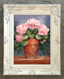 Exquisite Oleograph on Canvas Still Life of Pink Geraniums in a Pot