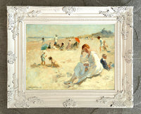 Stunning Oleograph on Canvas "On The Beach"