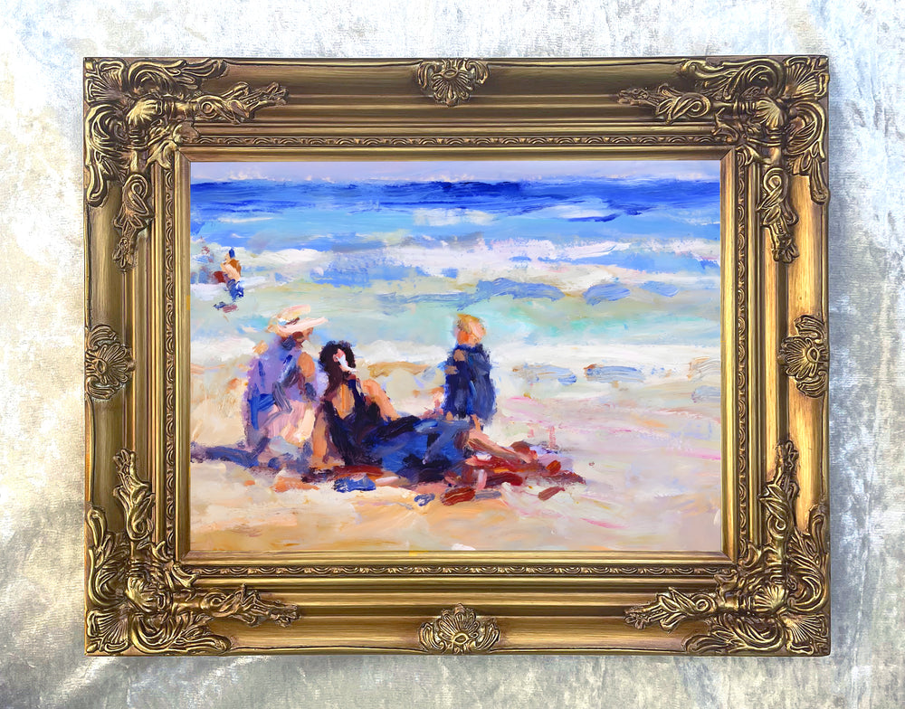 Stunning Oleograph on Canvas "Family at the Beach"
