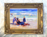 Stunning Oleograph on Canvas "Family at the Beach"