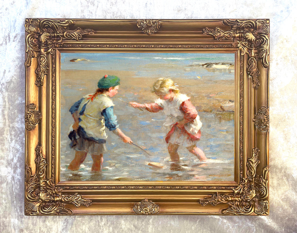 Beautiful Ornate Framed Oleograph of  Children playing in the Shallows