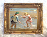 Beautiful Ornate Framed Oleograph of  Children playing in the Shallows