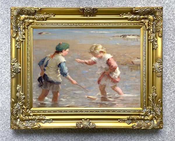 Beautiful Ornate Framed Oleograph of  Children playing in the Shallows