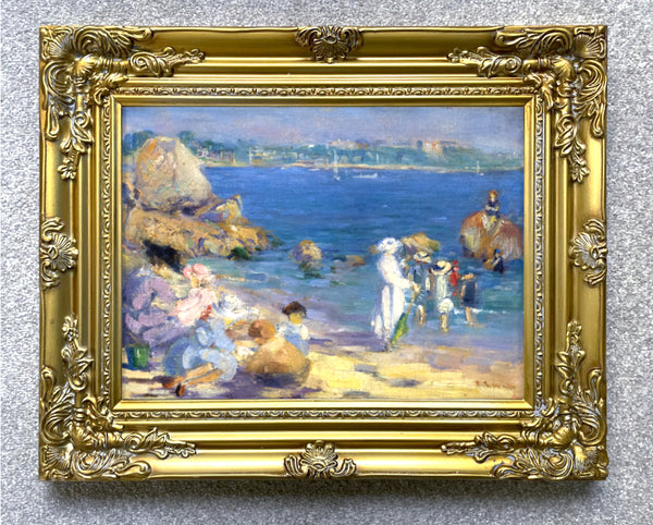 "A Day at the Beach" Impressionist Oleograph on Canvas