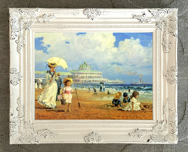 Exquisite Impressionist Oleograph on Canvas - Promenade on the Beach