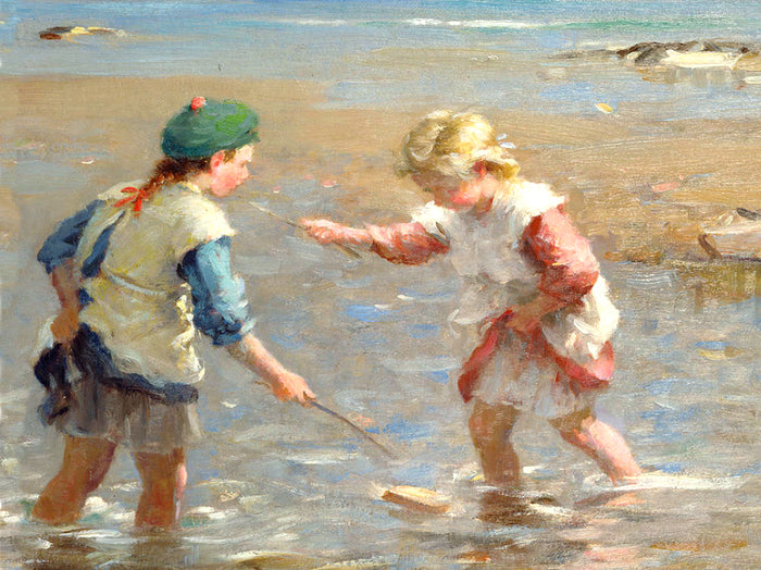 Beautiful Ornate Framed Oleograph of  Children playing in the Shallows