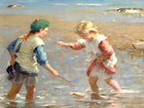 Beautiful Ornate Framed Oleograph of  Children playing in the Shallows
