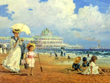 Exquisite Impressionist Oleograph on Canvas - Promenade on the Beach