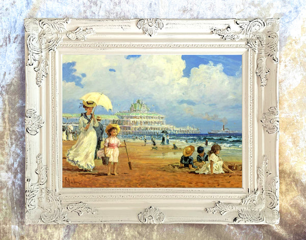 Exquisite Impressionist Oleograph on Canvas - Promenade on the Beach