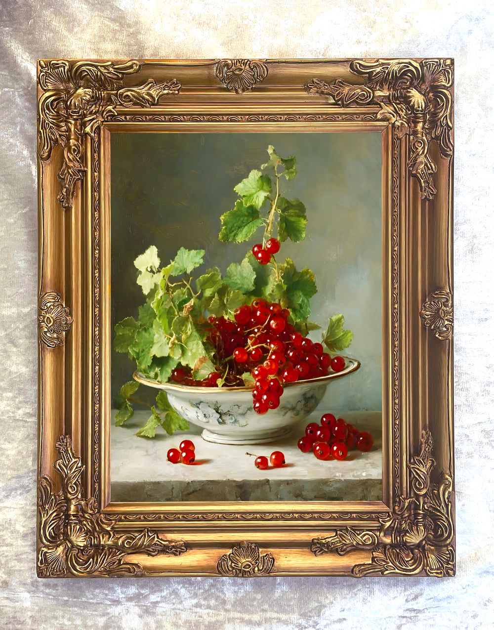 Stunning Still Life Oleograph on Canvas - Red Berries in a Chinese Bowl
