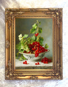 Stunning Still Life Oleograph on Canvas - Red Berries in a Chinese Bowl