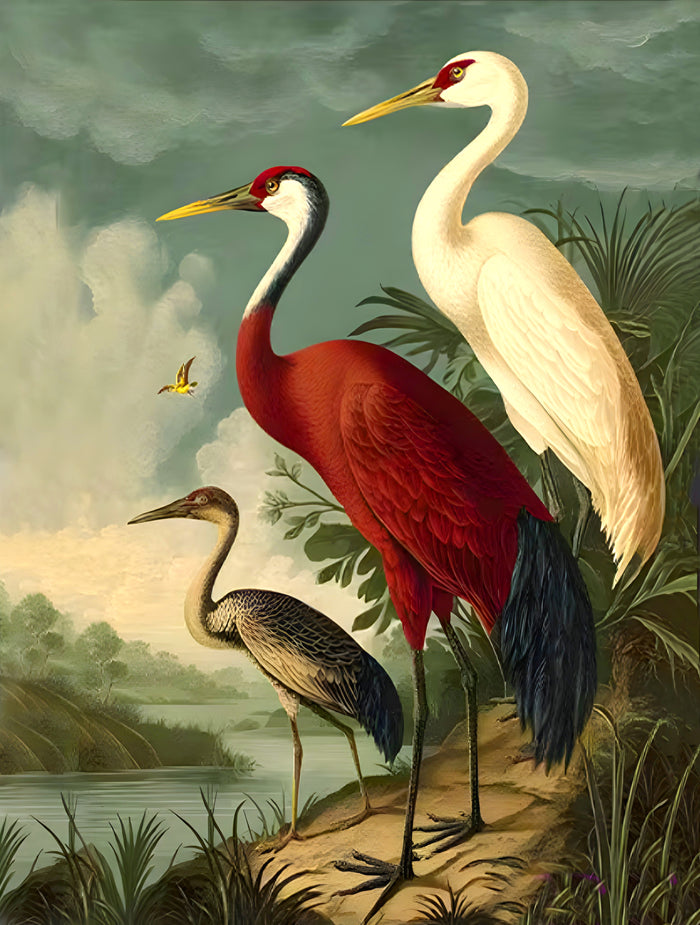 Fine Oleograph on Canvas - Portrait of Cranes Herons & Egrets