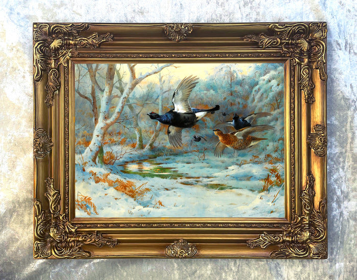 Fine Large Oleograph on Canvas of Black Game in Flight