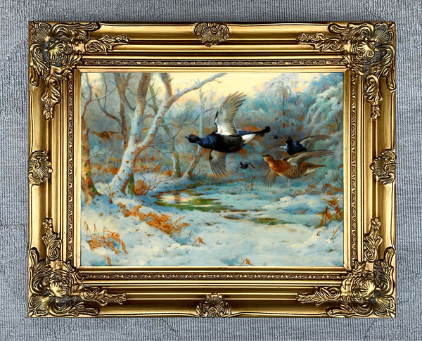 Fine Large Oleograph on Canvas of Black Game in a Wintry Wood