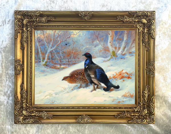 Fine Gilt Framed Oleograph on Canvas of Black Game in Winter aft. Thorburn