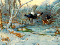 Fine Large Oleograph on Canvas of Black Game in a Wintry Wood