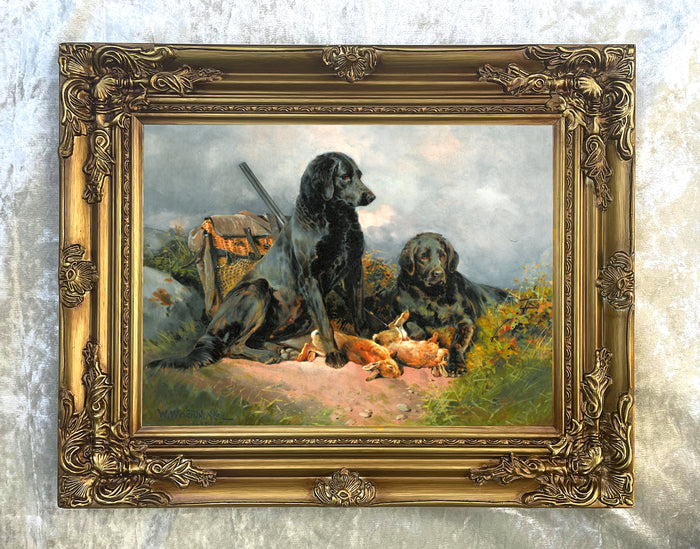 Fine Oleograph on Canvas - A Pair of Black Labradors - After the Shoot