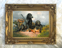 Fine Oleograph on Canvas - A Pair of Black Labradors - After the Shoot