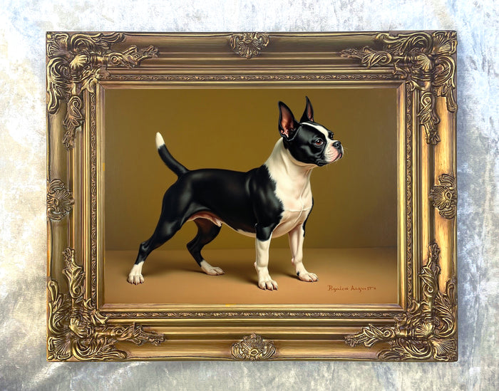 Ornate Framed Oleograph on Canvas of a Boston Terrier