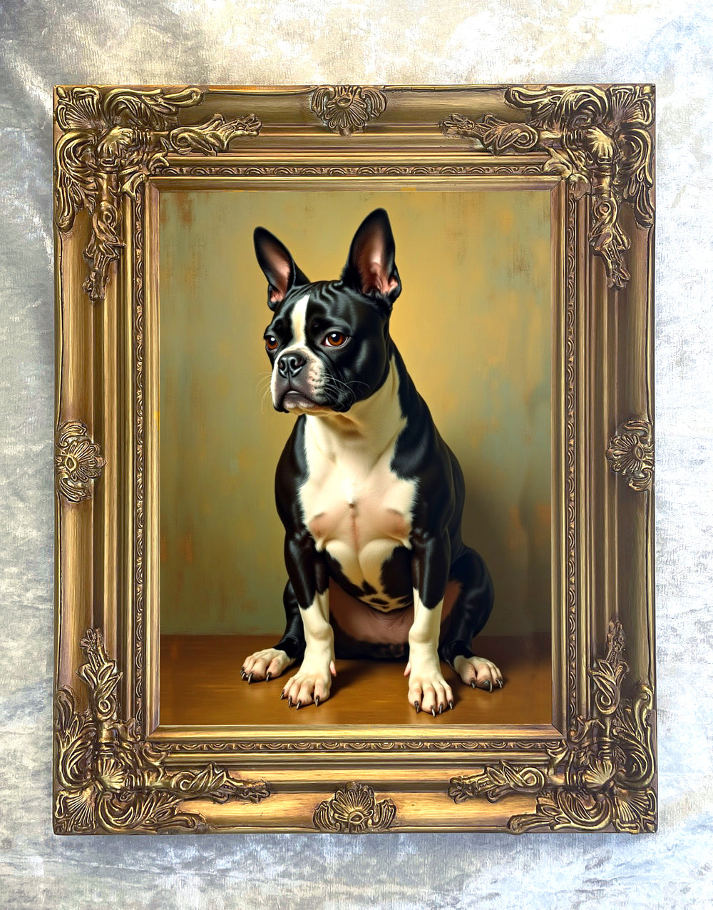 Ornate Framed Oleograph on Canvas of a seated Boston Terrier