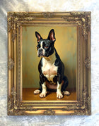 Ornate Framed Oleograph on Canvas of a seated Boston Terrier