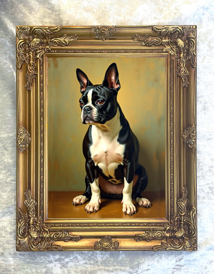 Ornate Framed Oleograph on Canvas of a seated Boston Terrier