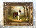 Ornate Framed Oleograph on Canvas of a Boston Terrier in Woodland