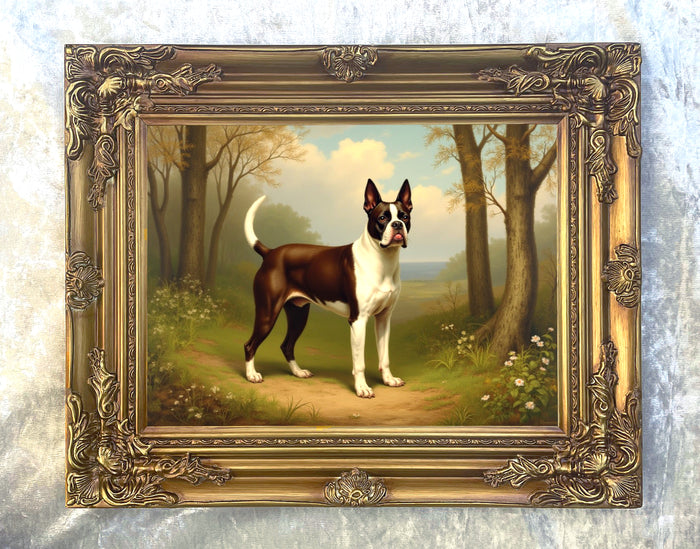 Ornate Framed Oleograph on Canvas of a Boston Terrier in Woodland