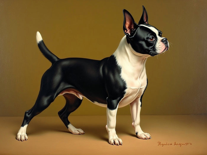 Ornate Framed Oleograph on Canvas of a Boston Terrier