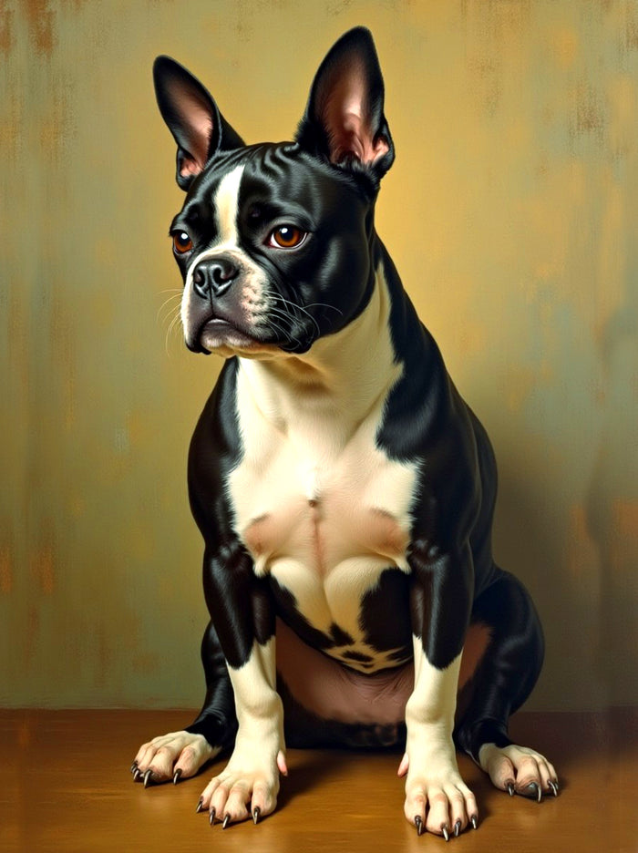 Ornate Framed Oleograph on Canvas of a seated Boston Terrier