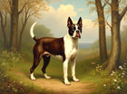 Ornate Framed Oleograph on Canvas of a Boston Terrier in Woodland