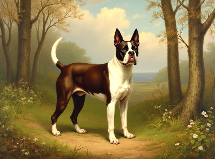 Ornate Framed Oleograph on Canvas of a Boston Terrier in Woodland