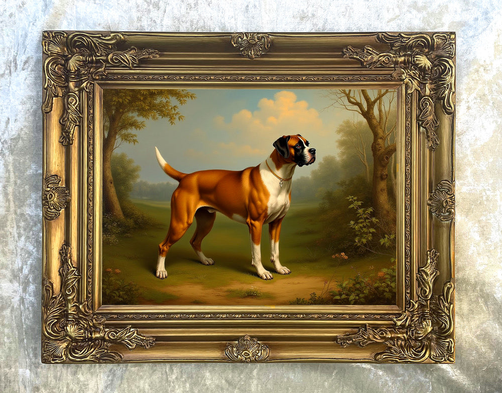 Fine Oleograph on Canvas - Portrait of a Boxer Dog in a Woodland Landscape