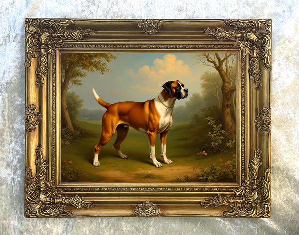 Fine Oleograph on Canvas - Portrait of a Boxer Dog in a Woodland Landscape