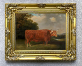 Gilt Framed Oleograph of a Prize Bull in a Landscape