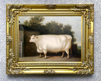 Oleograph on Canvas of a Prize Bull in a Farmyard in a Gilt Gesso Frame