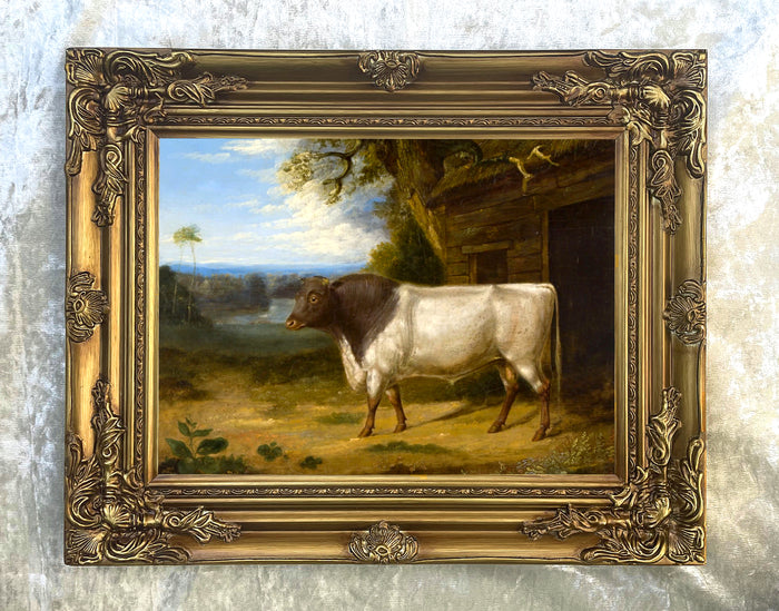 Fine Oleograph on Canvas of a Prize Bull in a Landscape in a Gilt Gesso Frame