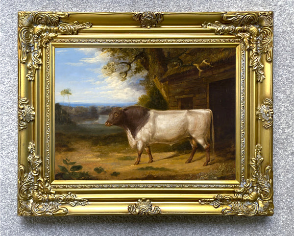 Fine Oleograph on Canvas of a Prize Bull in a Landscape in a Gilt Gesso Frame