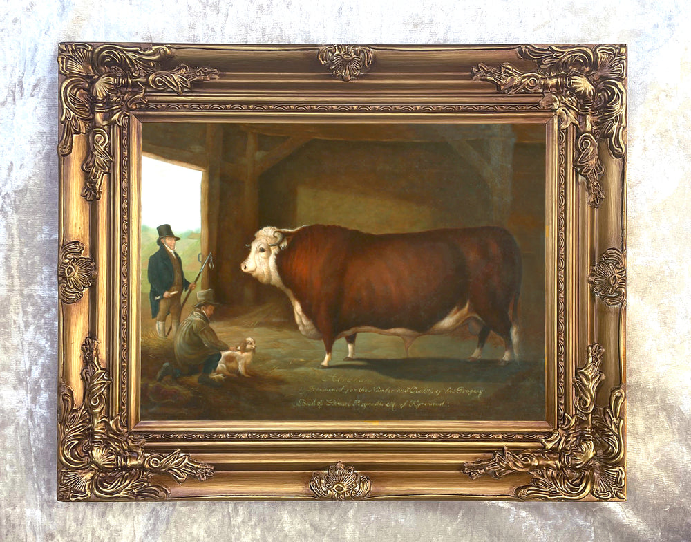 Fine Oleograph on Canvas of a Farmer with his Prize Bull