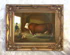 Fine Oleograph on Canvas of a Farmer with his Prize Bull