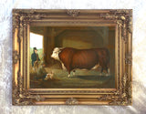 Fine Oleograph on Canvas of a Farmer with his Prize Bull