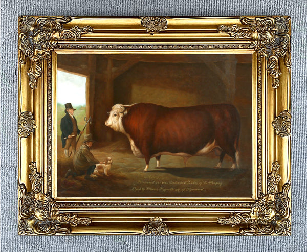 Fine Oleograph on Canvas of a Farmer with his Prize Bull