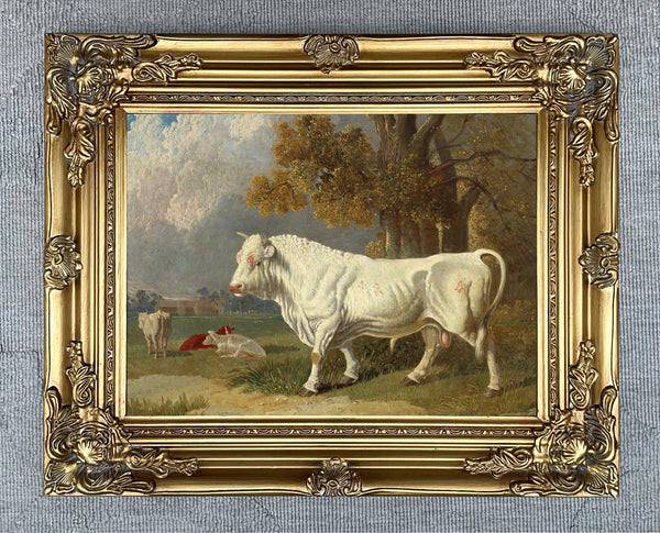 Fine Oleograph on Canvas of a Prize Bull in a Landscape