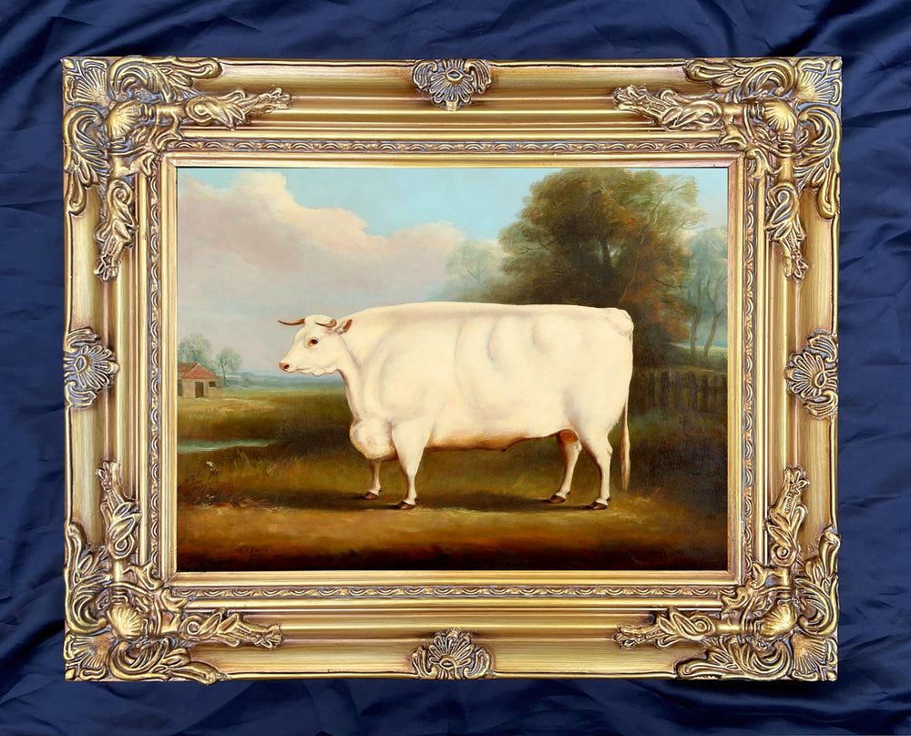 Fine Oleograph on Canvas of a Short Horned Bull in a Landscape