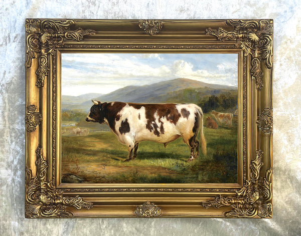 Fine Oleograph on Canvas of a Prize Bull in a Landscape