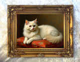 Oleograph on Canvas of a Cream Persian Cat on a Cushion in a Gilt Gesso Frame